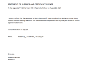 Statement of Supplier and Certificate owner Boldan Oy